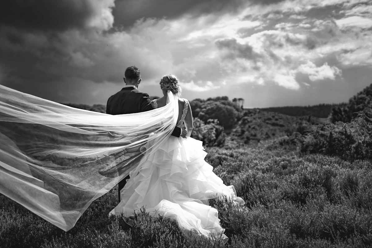 Mariés de dos, voile soulevé par le vent au-dessus d’une colline, en noir et blanc
